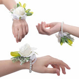 2 Pcs Wedding White Rose Wrist Flowers Artificial Rose Flowers For Ceremony Prom Party Accessories