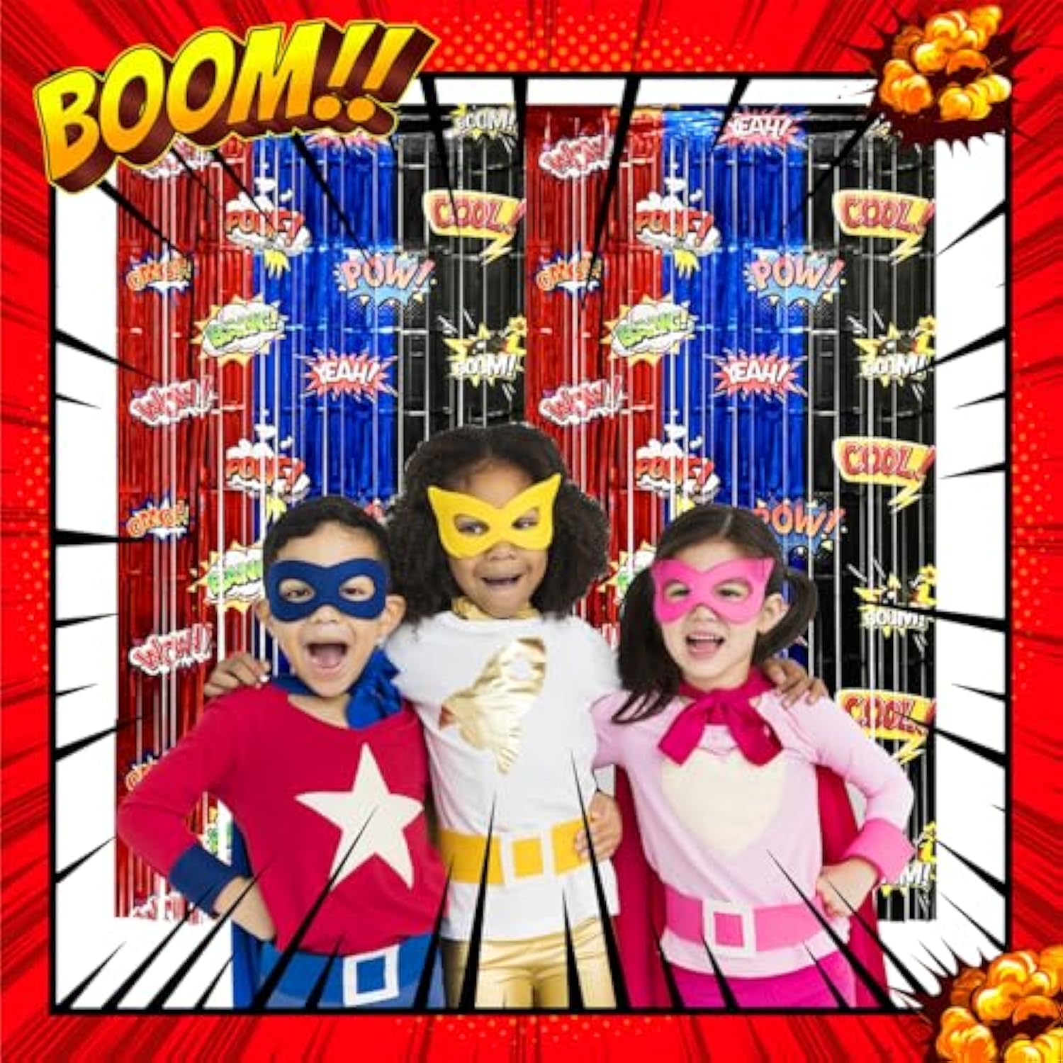 Hero Birthday Party Backdrops Decorations, 2 Pcs Red Blue Black Tinsel Foil Fringe Curtain Streamers Photo Booth Background For Hero Themed Party Decorations Supplies