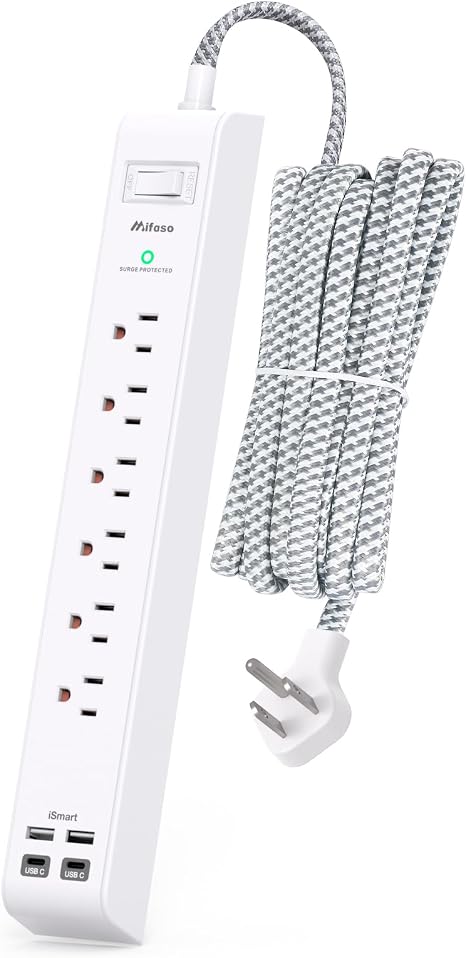 Surge Protector Power Strip 10FT Flat Plug Extension Cord with 6 Outlets 4 USB Ports 2 USB C 1080J