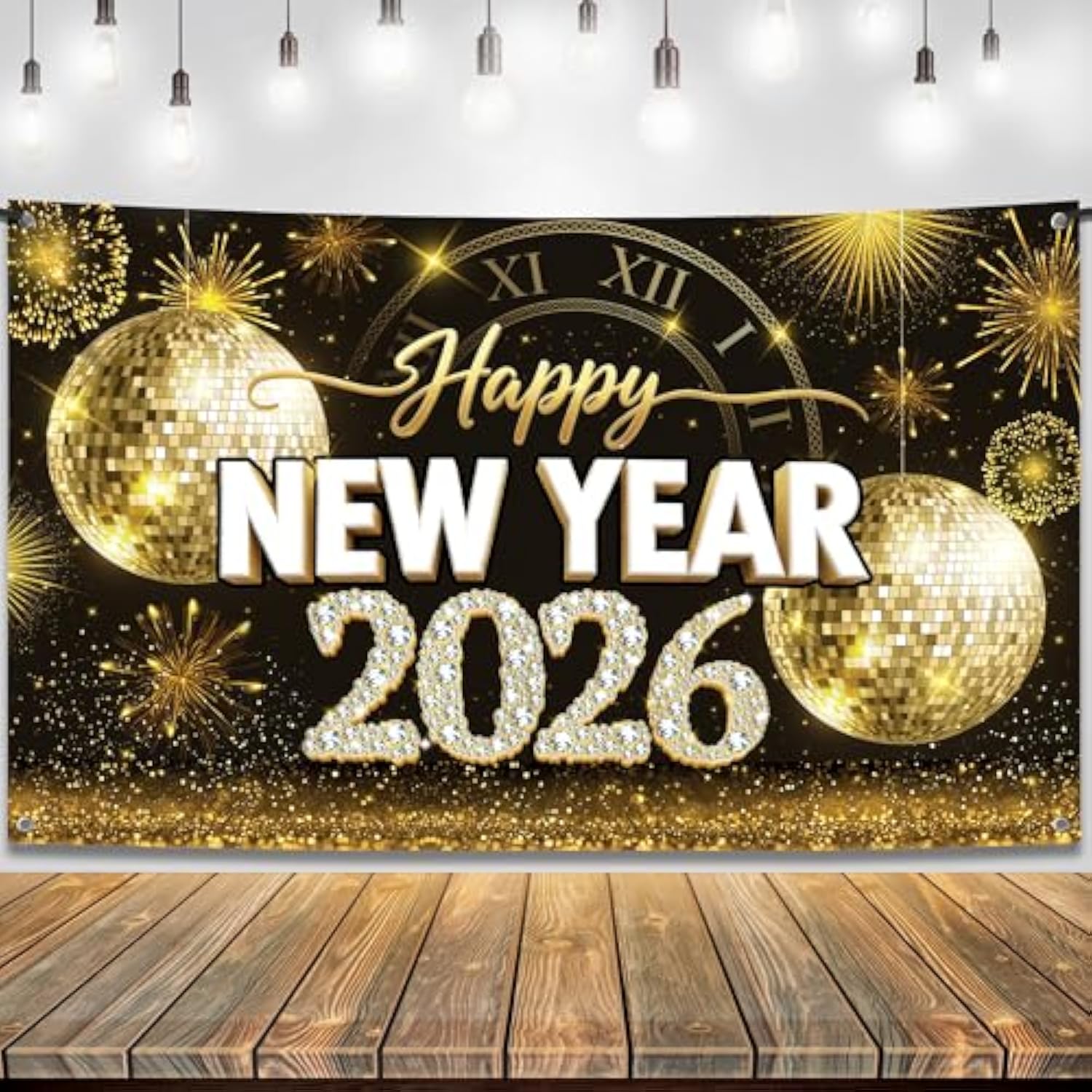 XL Gold Happy New Year 2026 Banner 72x44in Party Backdrop Decorations