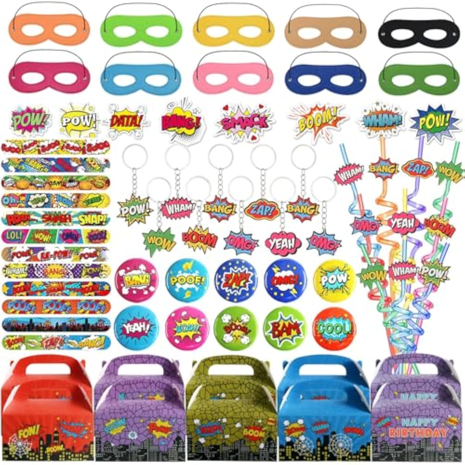 130Pcs Hero Party Favor-Cartoon Hero Themed Party Supplies Include Gift Box, Button Pins,Slap Bracelets, Keychain, Tattoos, Stickers Themed Carnival Prizes Gift Decorations