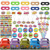 130Pcs Hero Party Favor-Cartoon Hero Themed Party Supplies Include Gift Box, Button Pins,Slap Bracelets, Keychain, Tattoos, Stickers Themed Carnival Prizes Gift Decorations