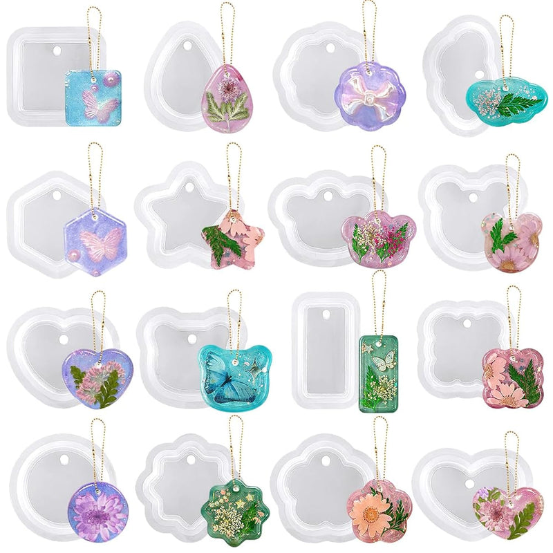 16Pcs Variety Geometric Pendant Silicone Molds With Hanging Hole, Jewelry Uv Resin Mold, Necklace Keychain Molds For Epoxy Resin