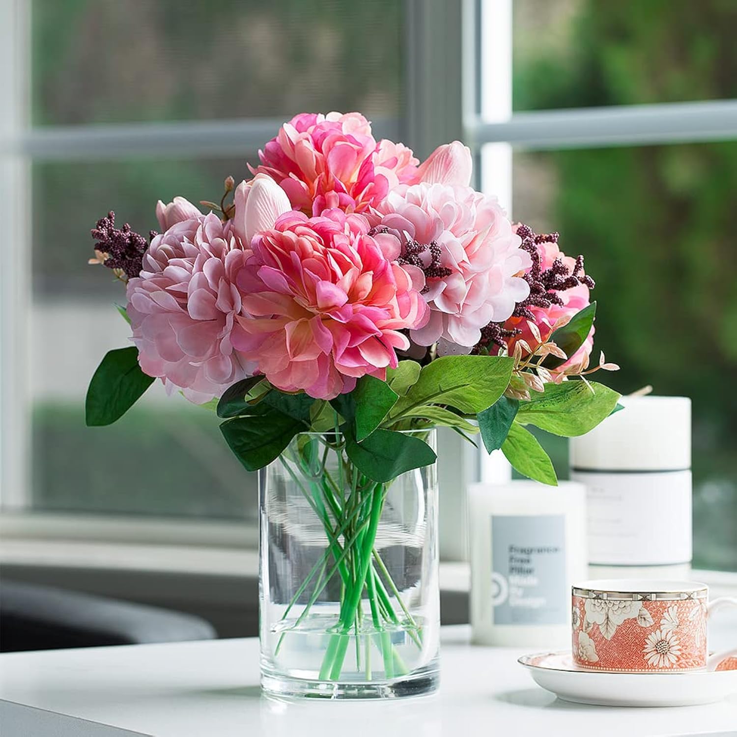 Tulip Real Touch Artificial Flower Arrangement With Vase, Mixed Dahlia Silk Flower In Vase For Dining Table Decorations, Wedding Centerpiece (Pink)