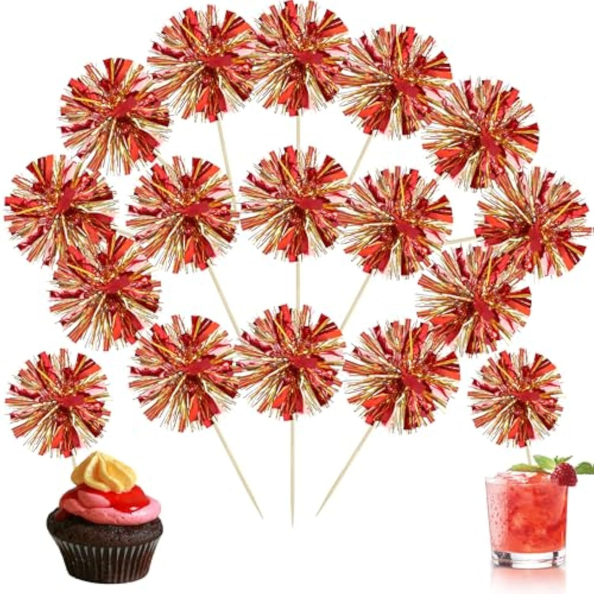 30pc Foil Firework Toppers Gold & Red Sparkle Tinsel Party Decorations