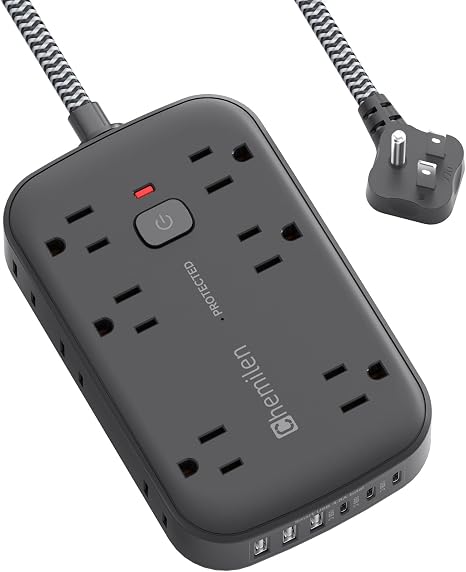 Power Strip Surge Protector 12 Outlets 6 USB Ports 3 USB C 5FT Flat Plug Extension Cord Black