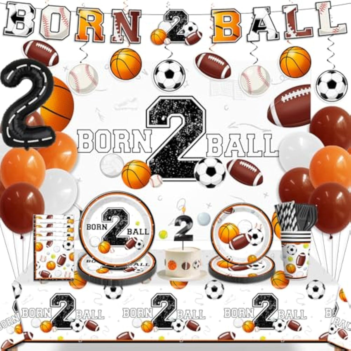 160 Pcs Born 2 Ball Birthday Decorations, All-In-One Tableware Set Includes Backdrop, Balloon, Candle, Tablecloth, For Ball Themed 2Nd Birthday Party Decorations, Serves 20