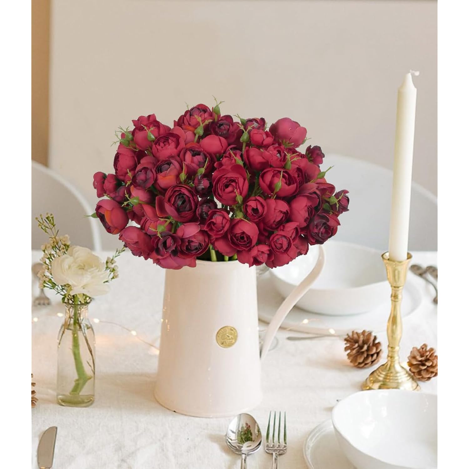 Ranunculus Artificial Flowers 21Pcs Faux Silk Mini Ranunculus Bulk Wedding Filler Flowers For Diy Bridal Shower Bouquets Centerpieces Decor(Red)