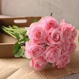 Artificial Silk Rose Flower Bouquet Lifelike Fake Rose For Wedding Home Party Decoration Event Gift 10Pcs (Pink)