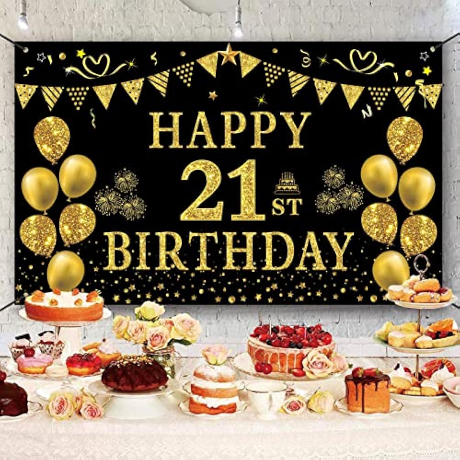 21St Birthday Decorations For Her Him, Men Women Black Gold 21St Birthday Backdrop Banner, 21 Years Old Party Supplies Photography Background Girls Boys