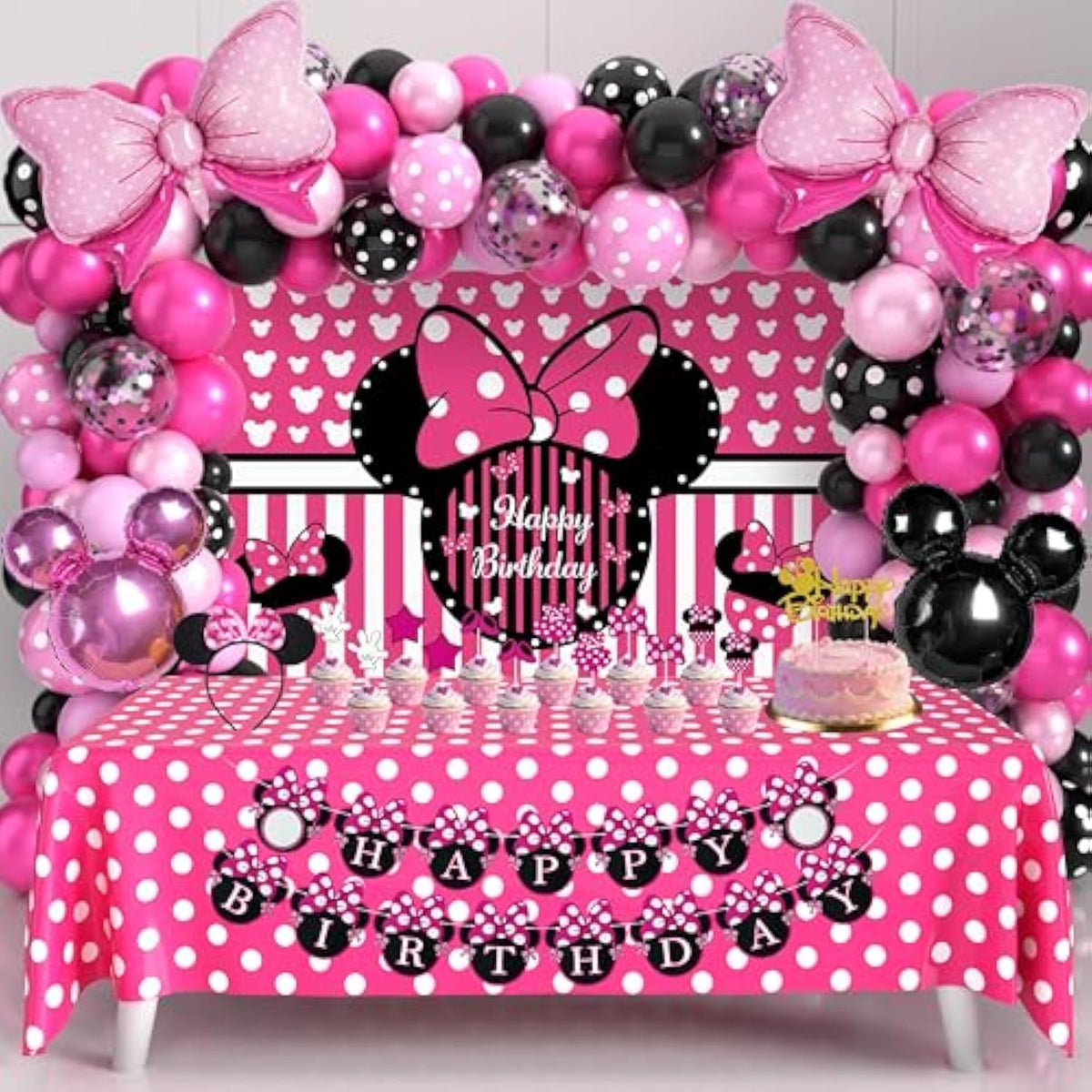 Pink Mouse Birthday Decorations Rose Red Cartoon Theme Party Kit Mouse Theme Birthday Party Supplies With Backdrop, Foil Balloons, Tablecloth & Cake Toppers For Girls Baby Shower Celebration