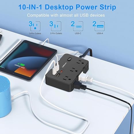 Flat Plug Surge Protector Power Strip with 6 Outlets and 4 USB Ports and 5FT Cord