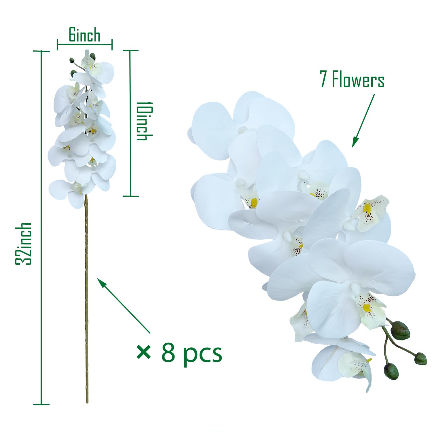 8 Pcs Artificial Phalaenopsis Flowers 32 Inch Artificial Orchid Flowers Fake Flowers Stem Plants For Home Décor (White)