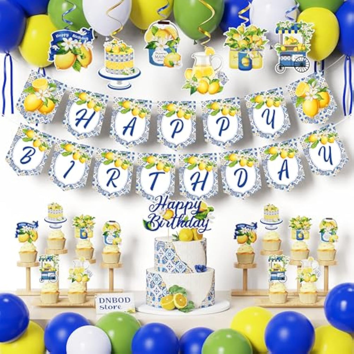 Summer Lemon Party Decoration Packs,Royal Blue Yellow Balloons,Banners,Cake Toppers,Hanging Swirl Streamers,Capri Lemon Birthday Wedding Supplies,Her Main Squeeze Bridal Shower Amalfi Coast Decors