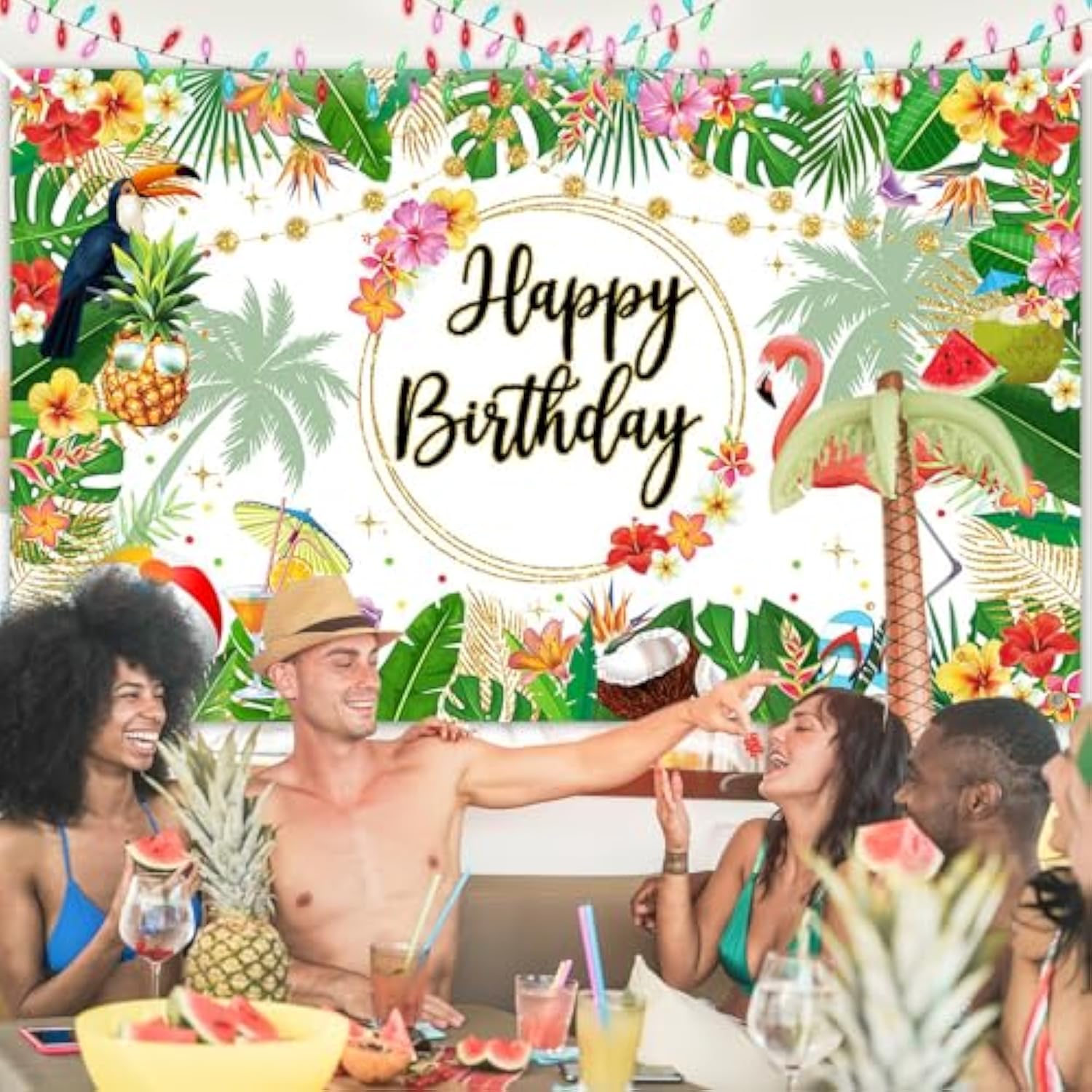 Summer Hawaiian Birthday Backdrop Tropical Flamingo Beach Birthday Party Decorations Palm Pineapple Aloha Happy Birthday Party Supplies 70.8 X 43.3 Inch