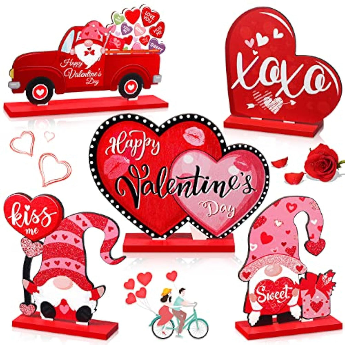 5 Pieces Valentine'S Day Wooden Table Sign Decoration Freestanding Table Centerpiece Sign Romantic Truck Heart Shape Home Decor Tiered Tray Gnome Valentines Day Accessories(Red)