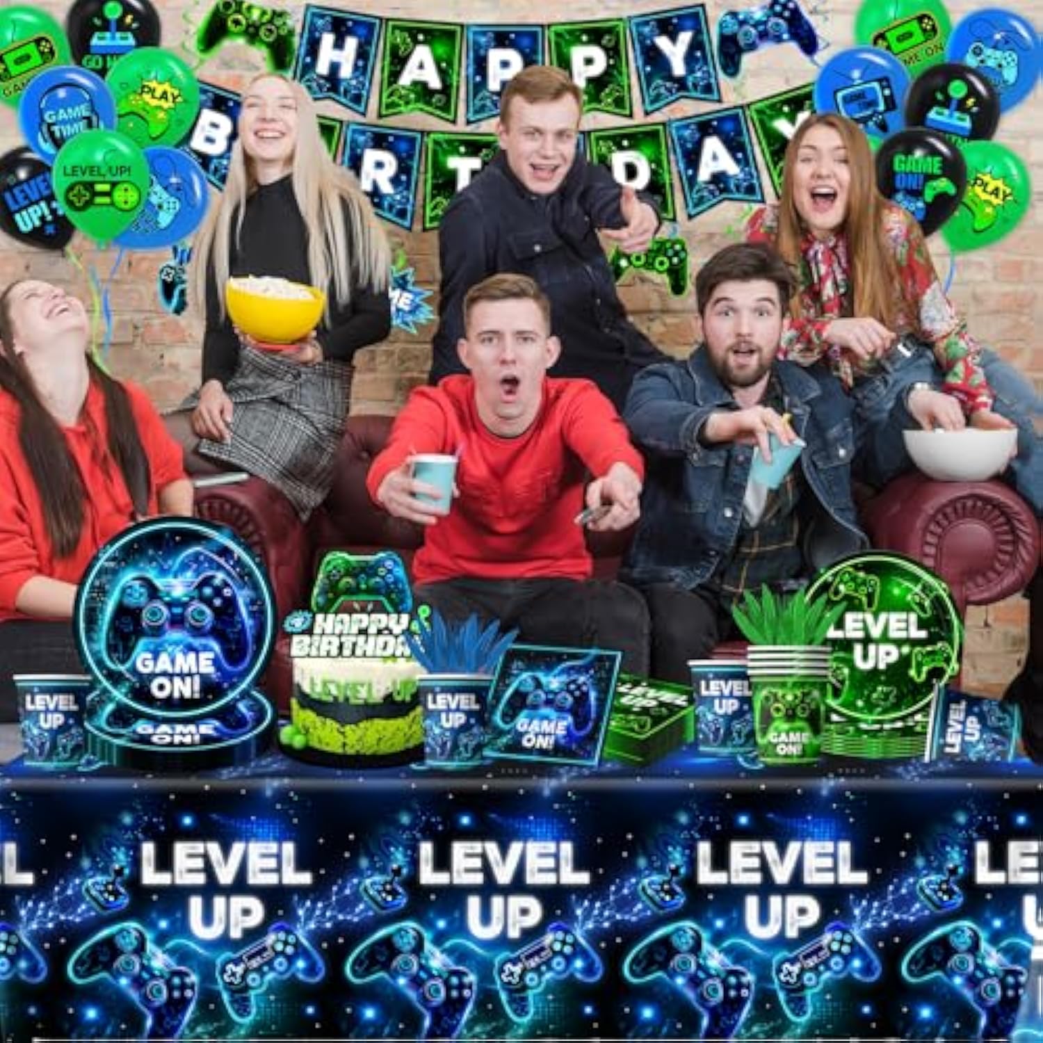 Video Game Birthday Party Decoration - Neon Game Party Tableware Include Plate Napkin Banner Tablecloth Game Level Up Theme Decorations For Boy Gamer Birthday Decor Serves 24