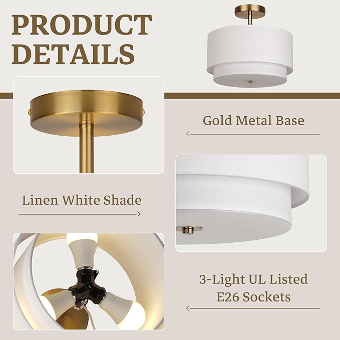 12.6 Inch Gold Semi Flush Ceiling Light 2 Layer White Shade Nursery Fixture