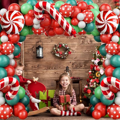 Christmas Balloon Garland Arch, Xmas Balloon Garland Arch Kit with Red Candy Foil Balloons, Teal Blue Green Red Polka Dots Balloons Decorations for Christmas New Year Party