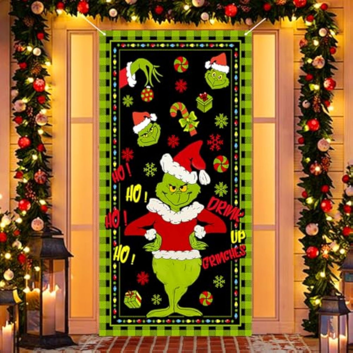 Green Christmas Decorations Door Cover Merry Christmas Door Cover 6 X 3Ft Black Buffalo Grid Flag Photography Banner Christmas Xmas Winter Holiday Home Kitchen