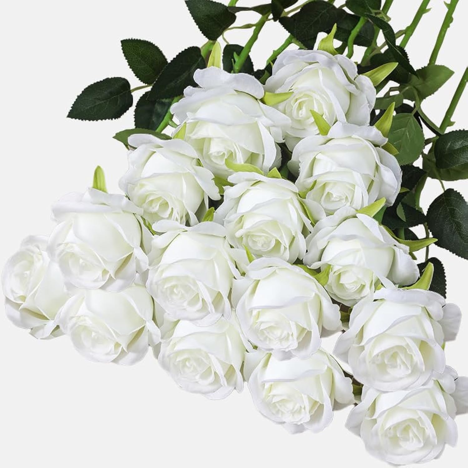 Artificial Roses Velvet Real Touch 15Pcs Single Stem Fake Roses Silk White Flowers For Home Office Garden Grave Party Wedding Decorations (Cream White)