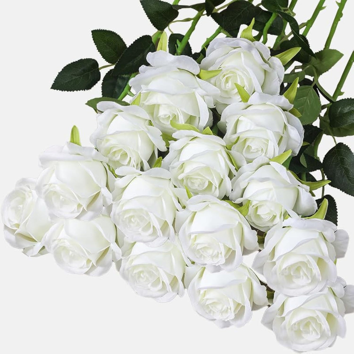 Artificial Roses Velvet Real Touch 15Pcs Single Stem Fake Roses Silk White Flowers For Home Office Garden Grave Party Wedding Decorations (Cream White)