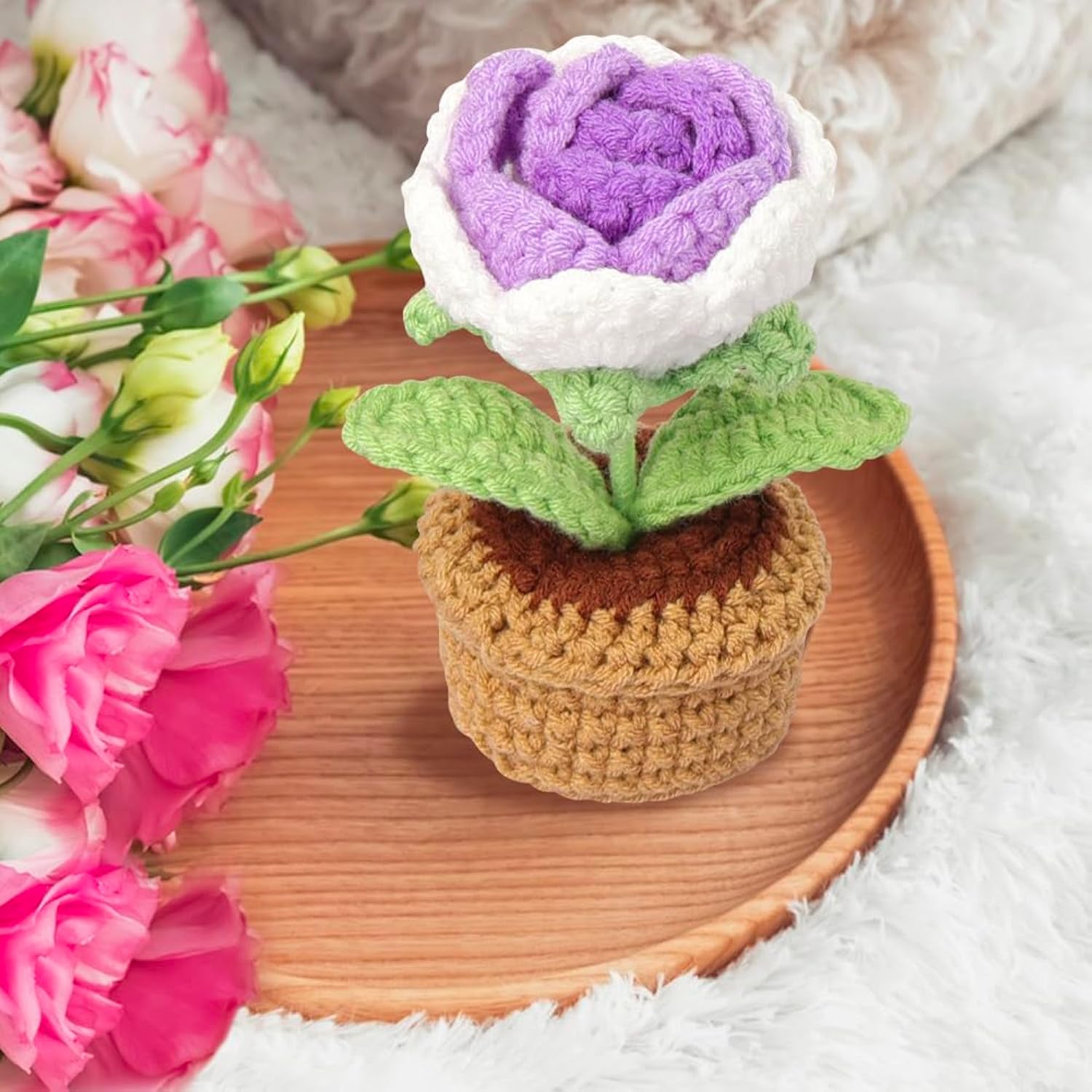 2 Pieces Handmade Crochet Flowers Small Potted Artificial Rose Flowers For Car Dashboard Home Office Table Centerpiece Shelf Decor,Gradient Purple+Yellow