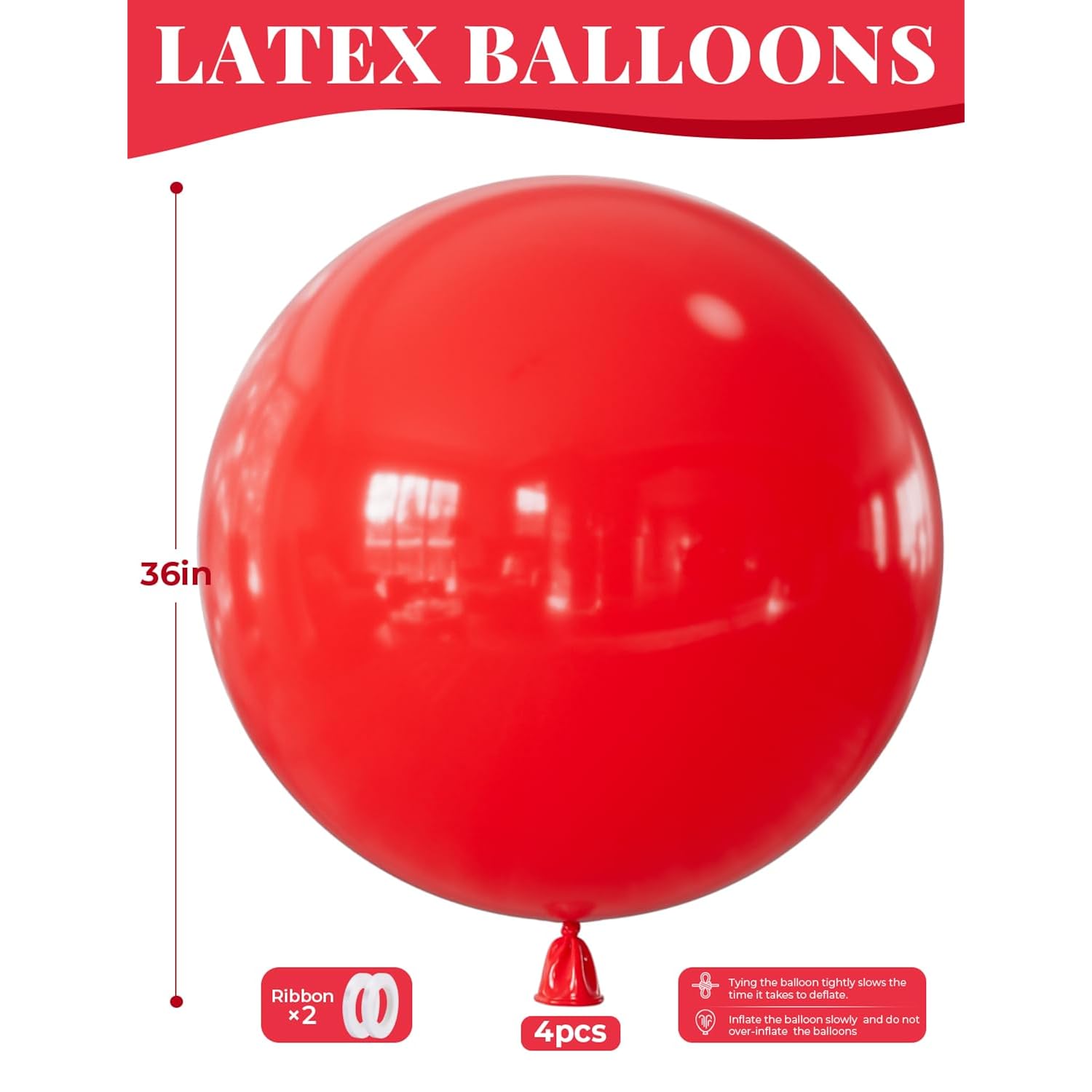 36 Inch Red Balloons - Giant Balloons Jumbo Red Latex Balloon For Garland Or Arch Extra Large Round Balloon For Christmas Anniversary Engagement Wedding Birthday Party Decorations (4Pcs)