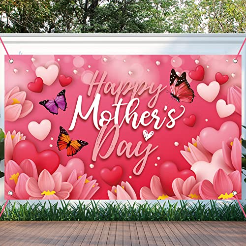 Large Happy Mother's Day Banner Decorations Mothers Day Flag Outdoor 71x44 Inch,Mom Gifts for Indoor Home House Decor Party Supplies,Yard Sign Background for Photography, Red Pink Heart Flowers