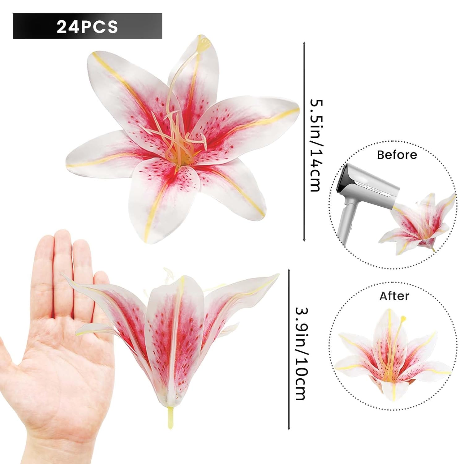 24Pcs 5.5" Large Fake Lilies Flower Heads With Realistic Stamens,24Pcs Pink Artificial Flower Heads, Bulk Silk Flowers For Crafts, Cake Decorating, Wedding Party Wreath, Home Decor