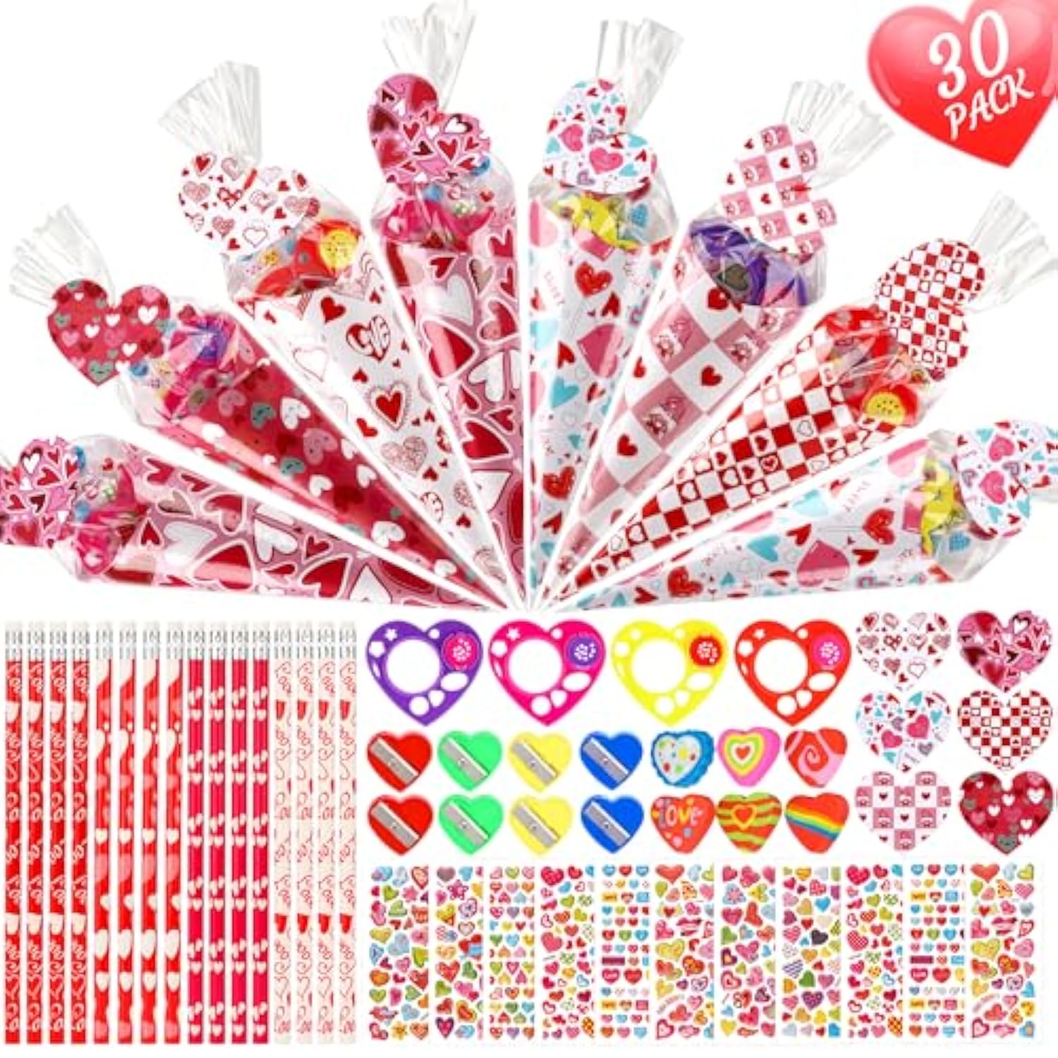 Valentine'S Day Gifts For Kids-30 Pack Valentines Sweet Cones Shaped Stationery Gift For Classroom, Creative Valentine Exchange Gift Set With Clear Bag Heart Card Pencil Sticker Eraser Sharpener Ruler