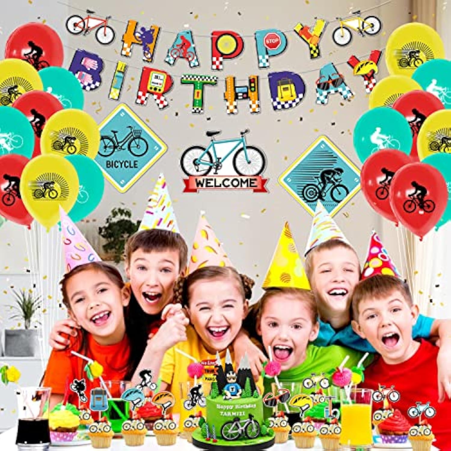 Bike Birthday Party Decorations Banner Cake Toppers Balloons for Kids