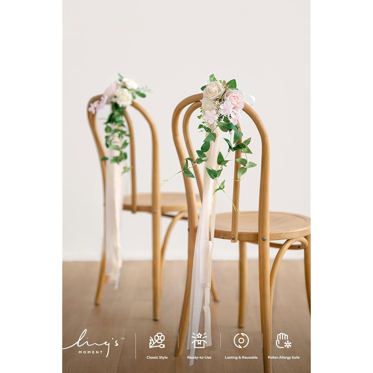 8Pcs Wedding Artificial Aisle Pew Flowers Chair Decorations Arrangements With Chiffon Ribbons Blush Pink Cream For Ceremony Chair Back Floral Decor Reception Church Party Outdoor