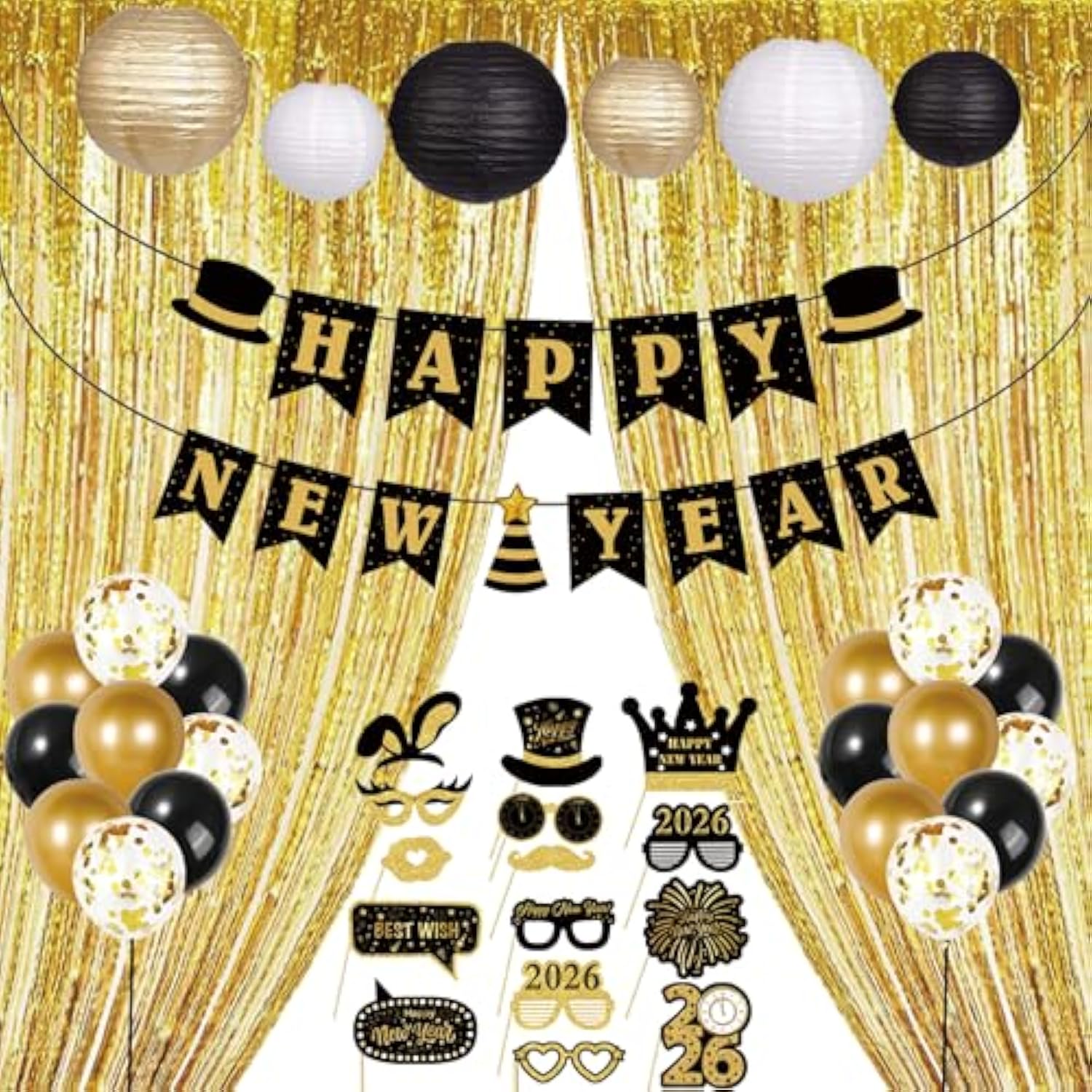 2026 New Year Party Kit in Gold, Black, and White with Banner, Balloons, and Props