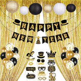 2026 New Year Party Kit in Gold, Black, and White with Banner, Balloons, and Props