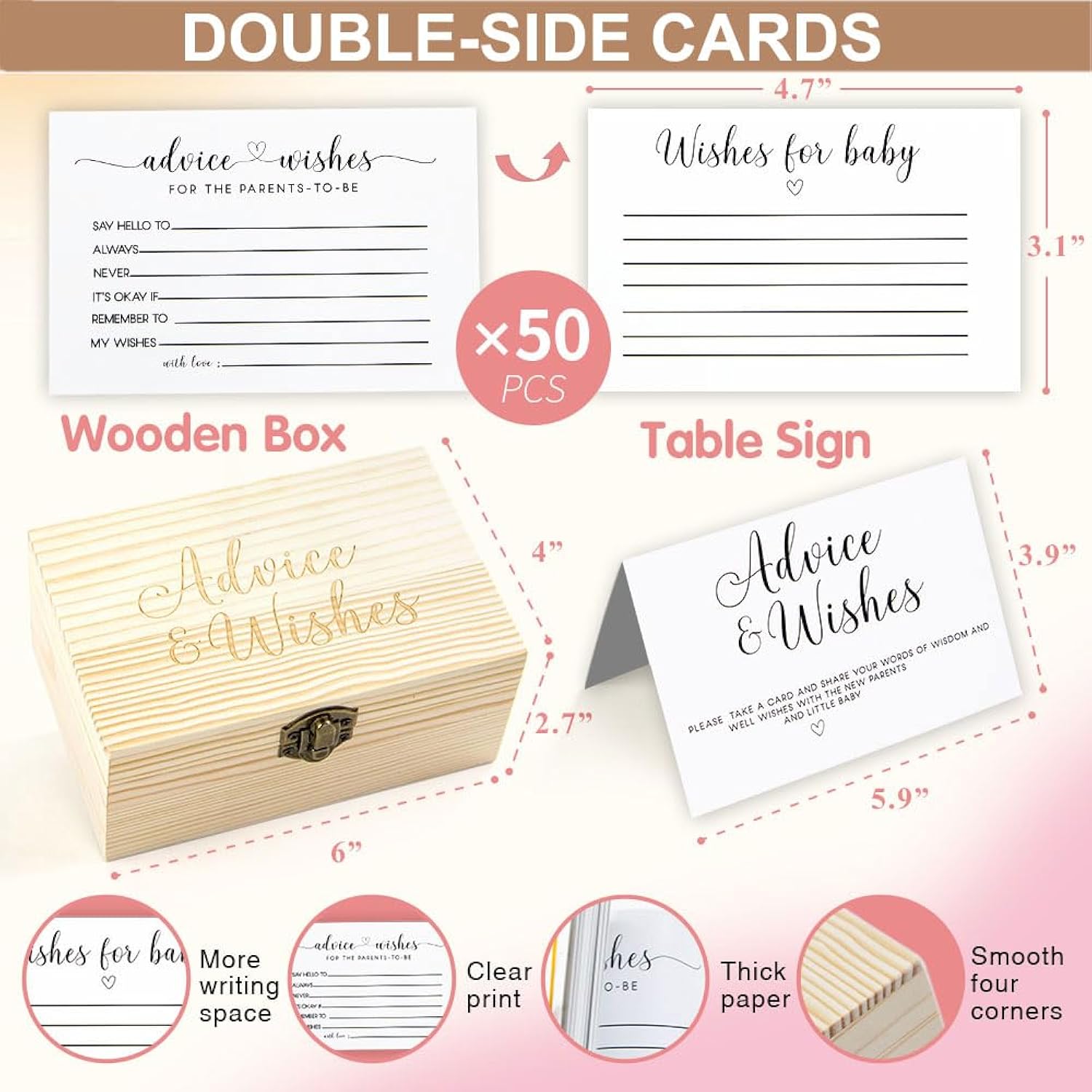 Baby Shower Advice And Wishes Cards For Parents To Be, 50 Pcs Double-Sided Baby Prediction Cards, Gender Reveal Party Keepsake, Baby Shower Decorations And Activities, Includes Wood Keepsake Box