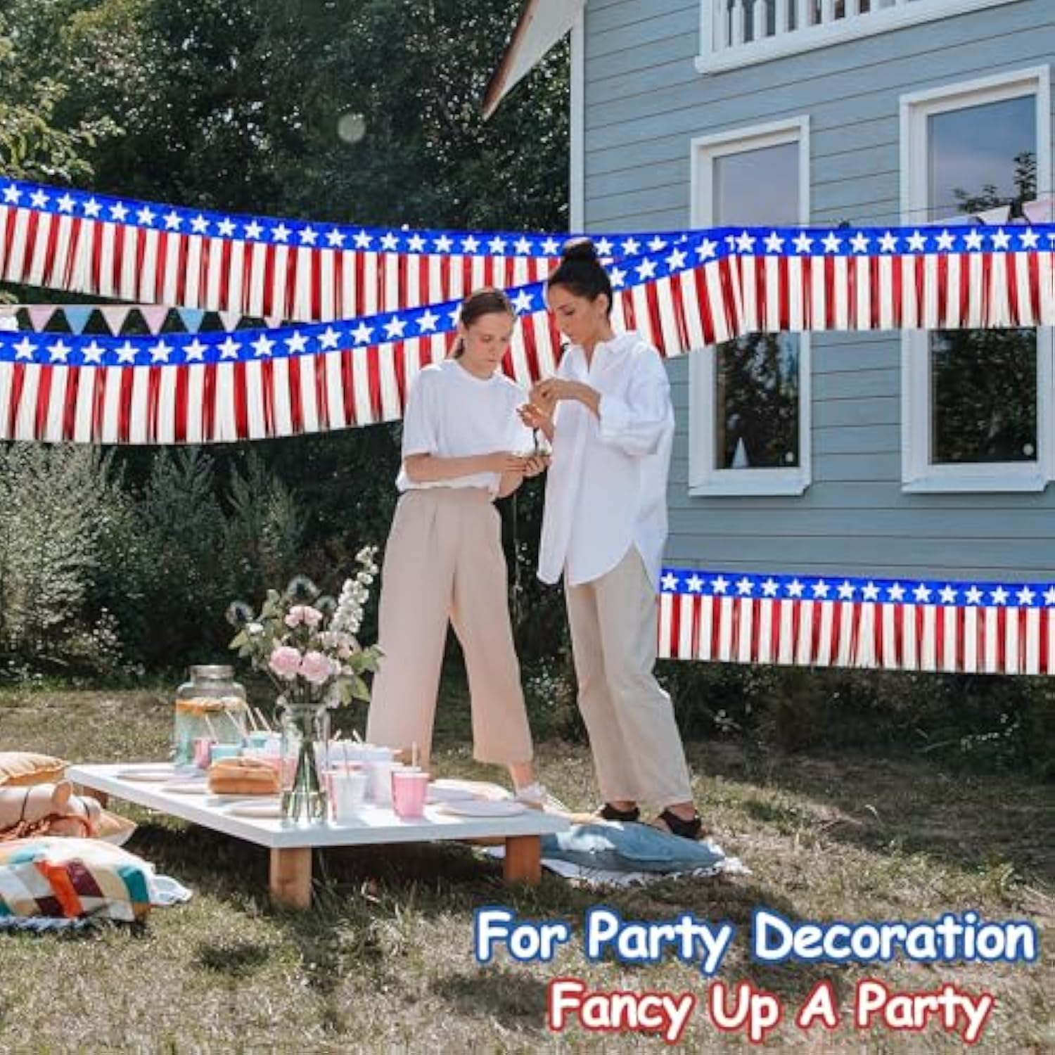 4 Packs 39Ft 4Th Of July Parade Floats Foil Fringe, Each 10 Ft X 15'' American Flag Stripes And Stars Tinsel Patriotic Foil Fringe Garland For 4Th Of July Trailer Car Graduation Homecoming Party