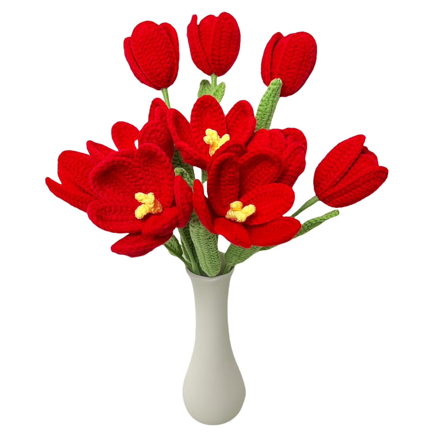 Tulip Crochet Flowers, Finished Handmade Crochet Tulips, Artificial Tulip Home Decor, Length 38Cm/15 Inches, Knitted Flower Never Withered, Flowers For Mom, Daughter, Wife, Teacher (Red, 6)