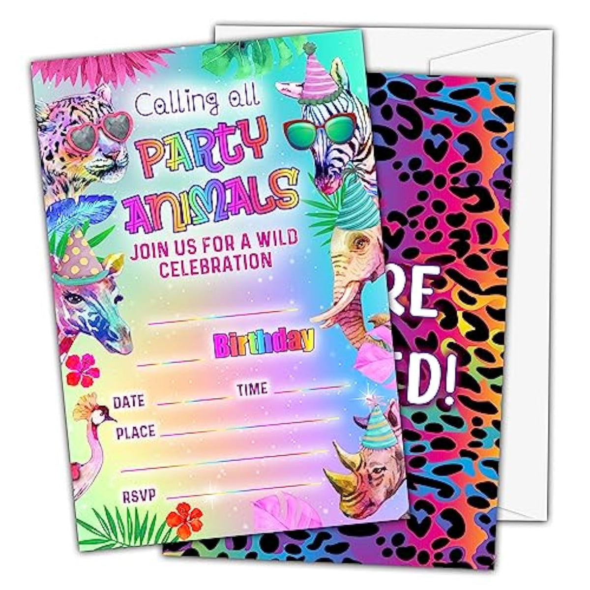 Party Animal Birthday Invitations, Safari Jungle Birthday Party Invitations For Girls Boys Kids, Rainbow Cheetah Fill In Birthday Invites, Decorations, Favors, 20 Invitations With Envelopes (D11)