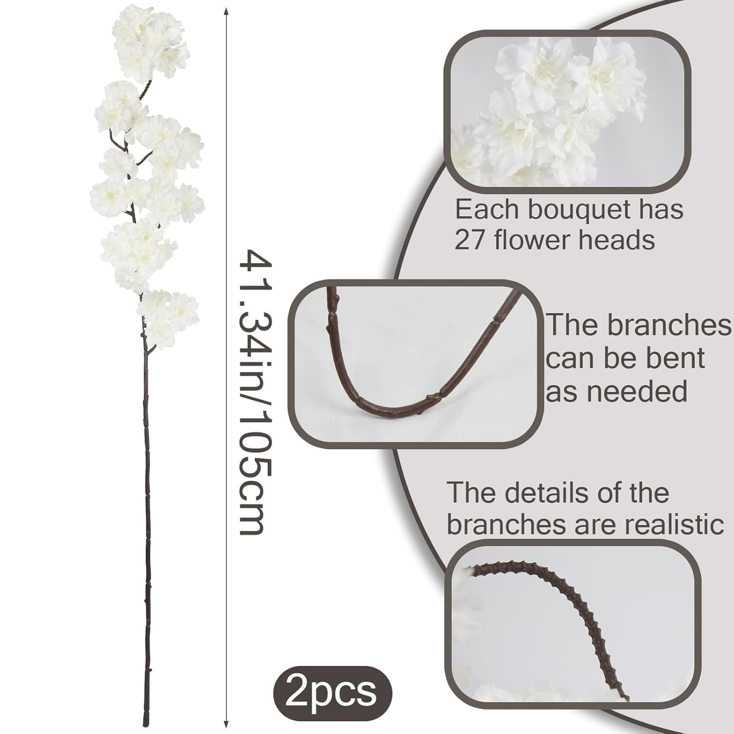 2 Pcs Artificial Cherry Blossom Flowers Branches 41" Faux Cherry Blossom Long Stem White Silk Cherry Blossom Tree Tall Fake Flower Arrangement For Home Wedding Centerpieces Spring Indoor Decor