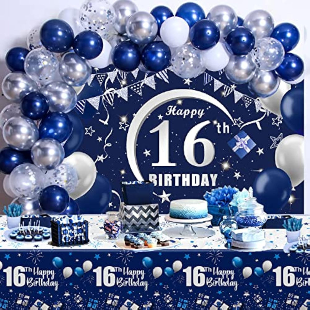 Navy Blue 16Th Birthday Decorations For Boys And Girls, Happy 16Th Backdrop, Tablecloth, Balloons Garland Arch Kit - Birthday Banner Party Supplies Bday Decor For Sweet 16 Year Old Teen