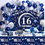 Navy Blue 16Th Birthday Decorations For Boys And Girls, Happy 16Th Backdrop, Tablecloth, Balloons Garland Arch Kit - Birthday Banner Party Supplies Bday Decor For Sweet 16 Year Old Teen