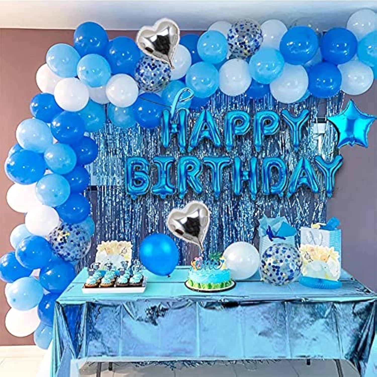 Blue Birthday Party Decorations Set With 38Pcs Balloons, Confetti, Foil Balloons, Fringe Curtains For Unisex Blue Themed Events