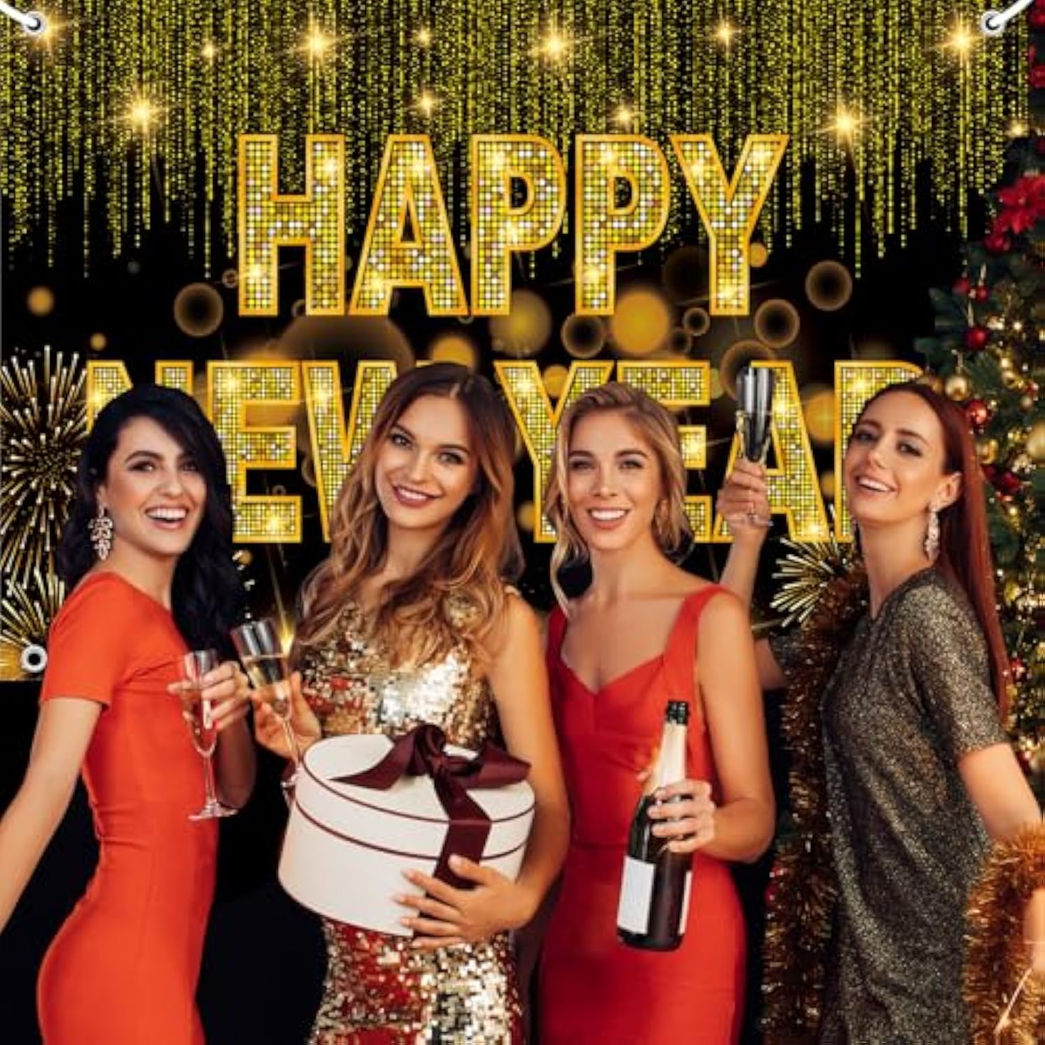 Happy New Year Banner 72x44in Fireworks Party Backdrop