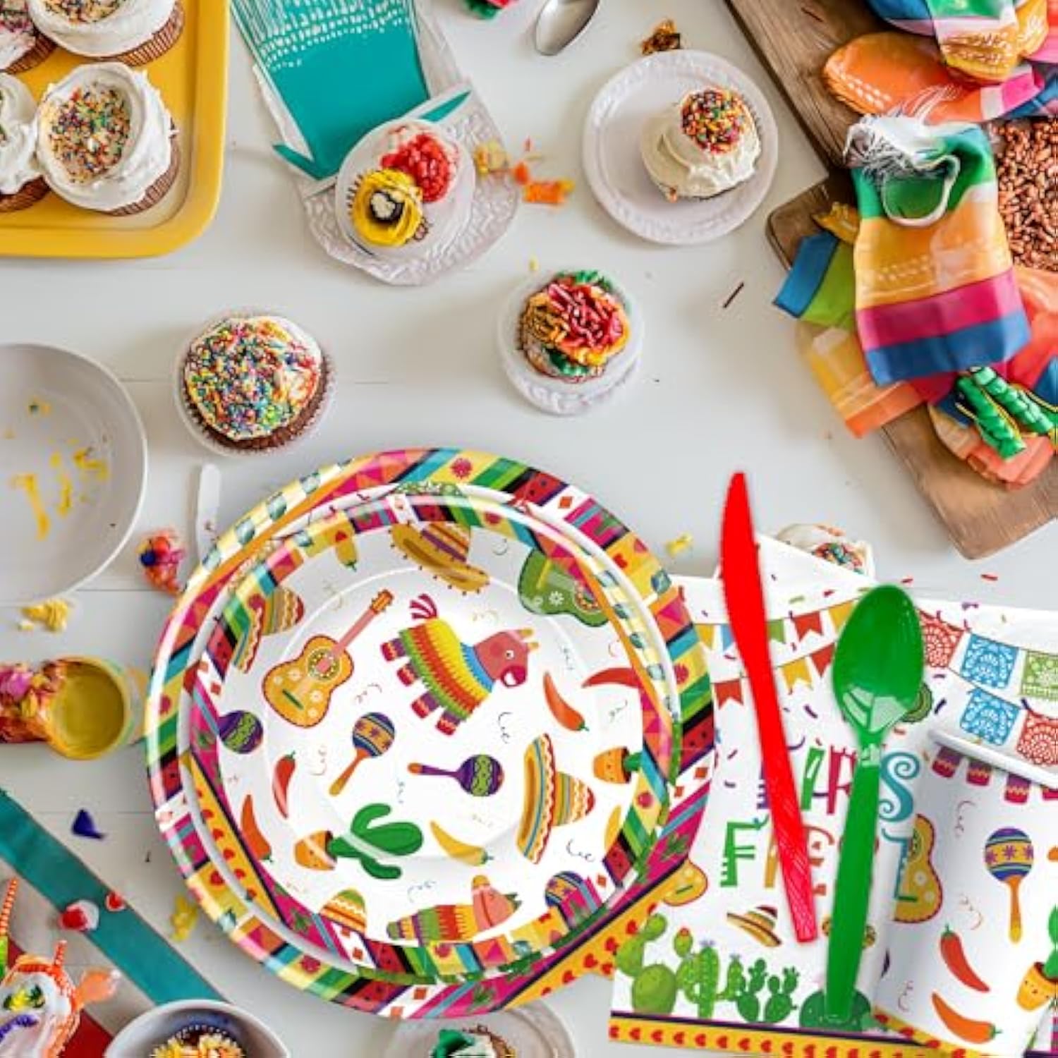 Fiesta 1St Birthday Party Supplies - First Fiesta Birthday Decorations Tableware, Paper Plate, Cup, Napkin, Cutlery, Cactus Mexican Cinco De Mayo Taco One Year Old Decorations | Serves 24