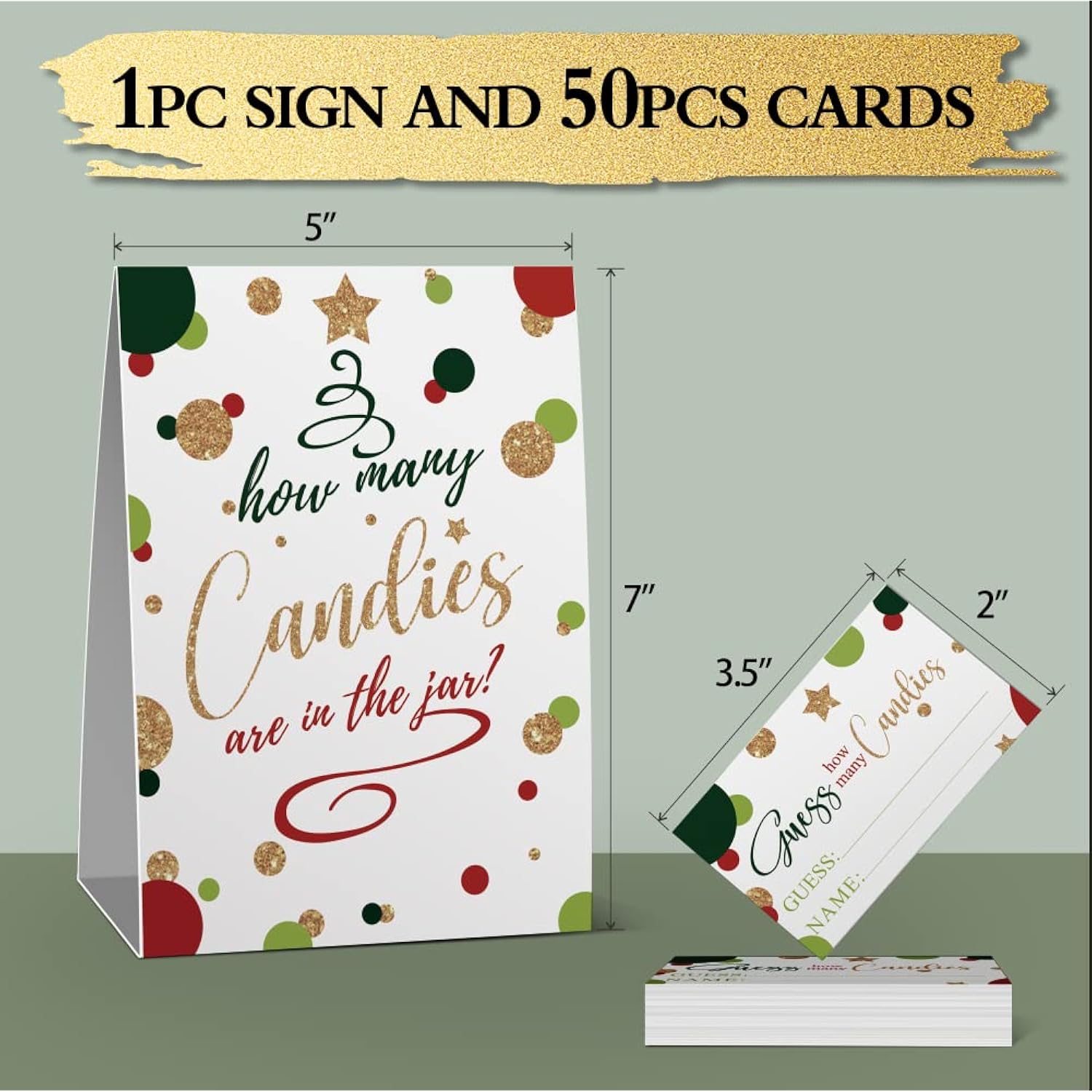 Guess How Many Candies Are In The Jar Christmas Kit (1 Standing Sign + 50 Guessing Cards), Christmas Gold Red Green Baby Shower, Bridal Shower Decoration, Christmas Game Insert Ticket