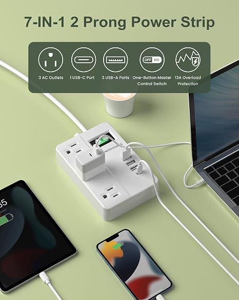 2 Prong Power Strip with USB-C 3 Outlet 4 USB 1080J Surge Protector 4ft Cord