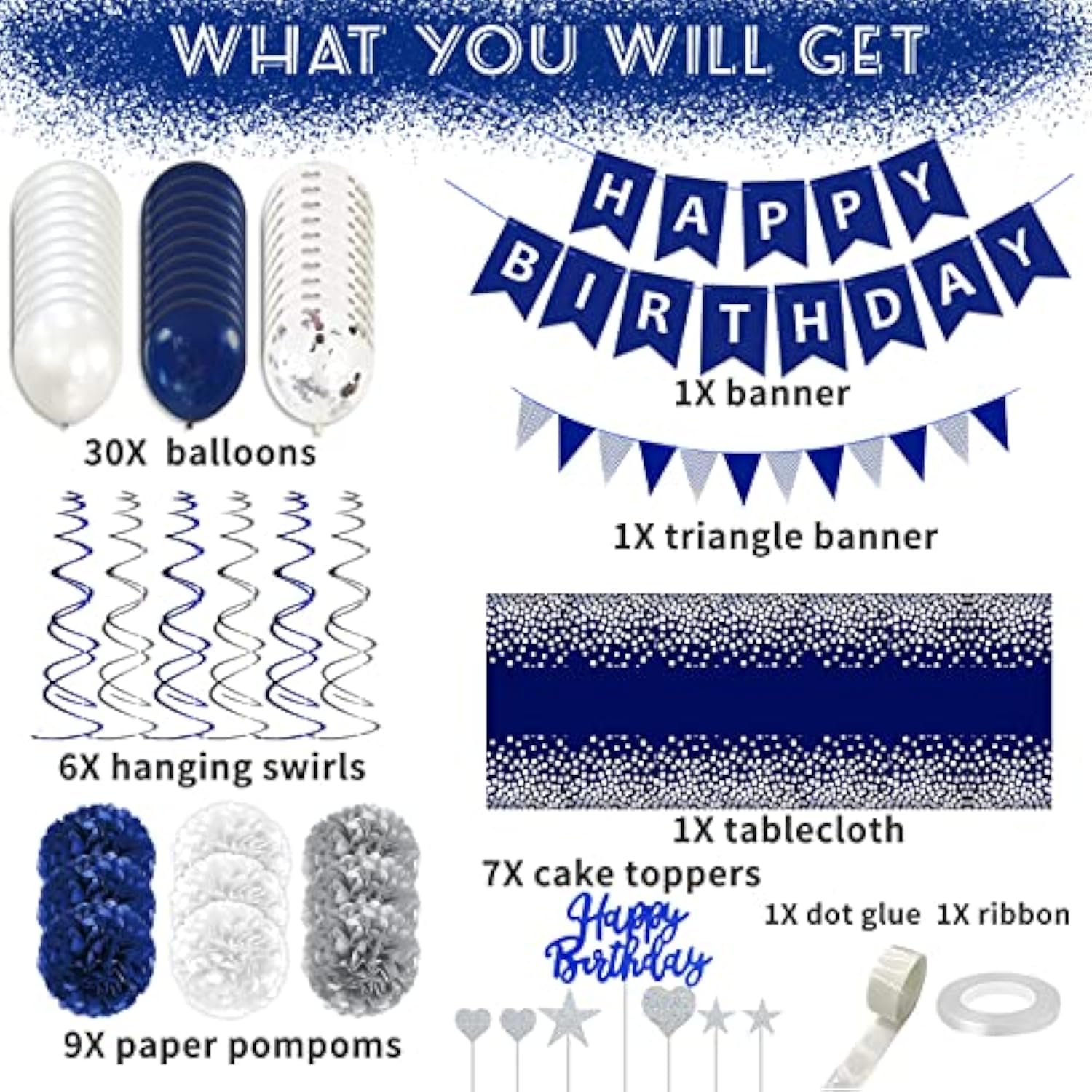 Navy Blue & Silver Men's Birthday Decor Kit with Balloons, Banner, Tablecloth and More