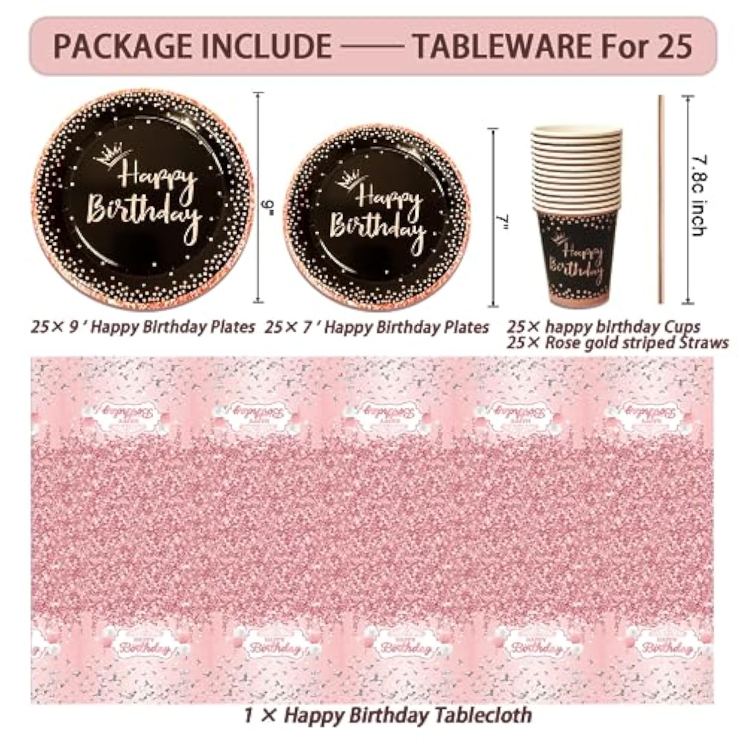 229pcs Rose Gold & Black Birthday Decorations with Dinnerware, Balloons Photo Props