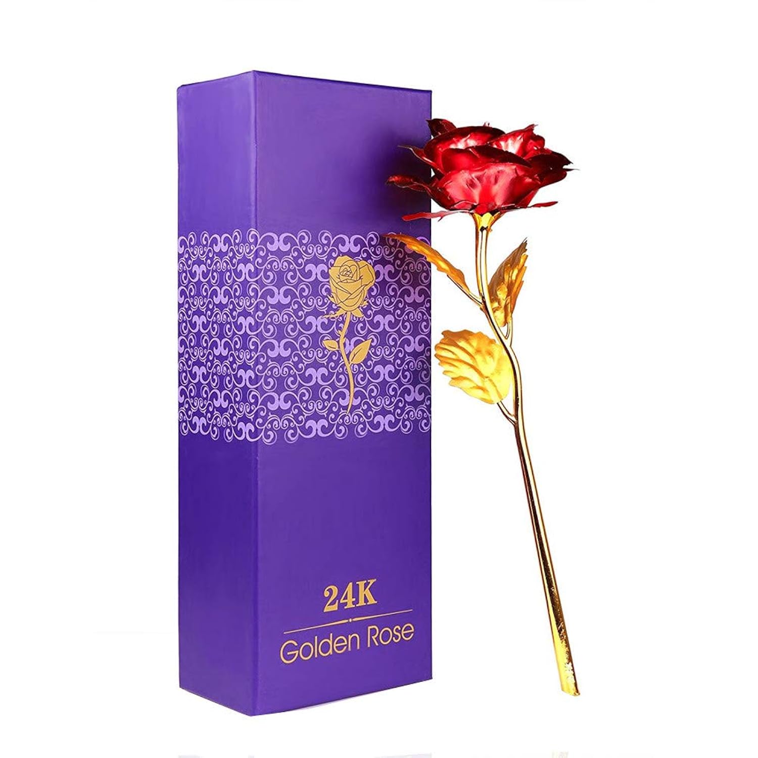 Creative Artificial 24K Gold Rose Flower Plastic Long Stem Real Rose Dipped In Gold With Gift Box For Mother'S Day, Valentine'S Day, Birthday, Anniversary, Thanksgiving Day (Red+Gold)